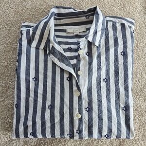 Loft Clip Stripe Henley Dolman Everyday Tunic Shirt Blue Oversized Sz L Shirtail